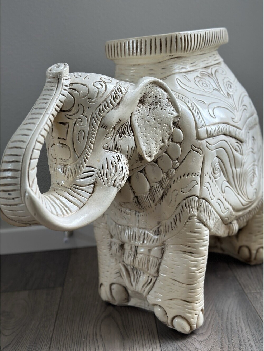 Vintage White Cream Ceramic Elephant Garden Stooll Upraised Trunk Heavy Sturdy